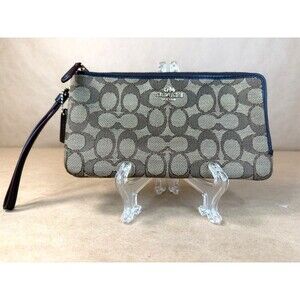 Coach Signature Khaki/Brown Canvas Leather Trim Corner Zip Wristlet AUTHENTIC